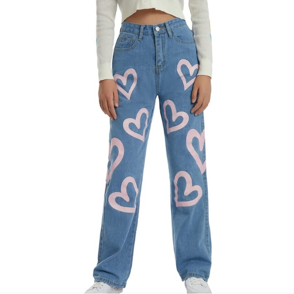 Colorful Natalie Women’s High Waisted Y2K Anime Heart Printed Jeans Size M Baggy